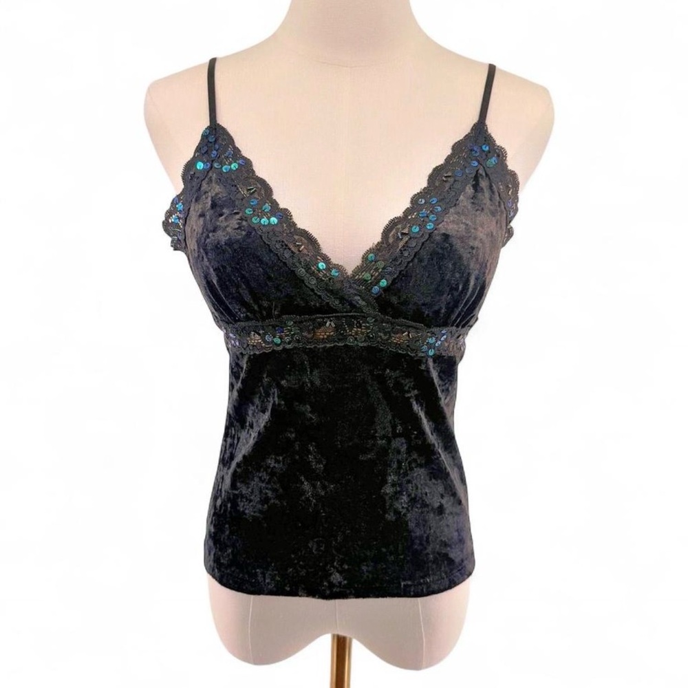 Y2K Black Velvet Sequin Lace Cami Top